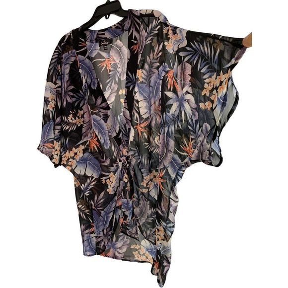 Kimono Sheer Swim Cover S/M Lulus Tie Front Band Collar Cutaway Front 6283 - Picture 1 of 7